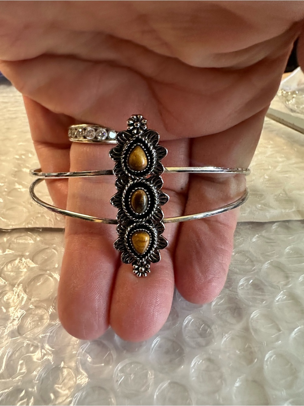 Silver Cuff Bracelet with Golden Tiger's Eye Accents